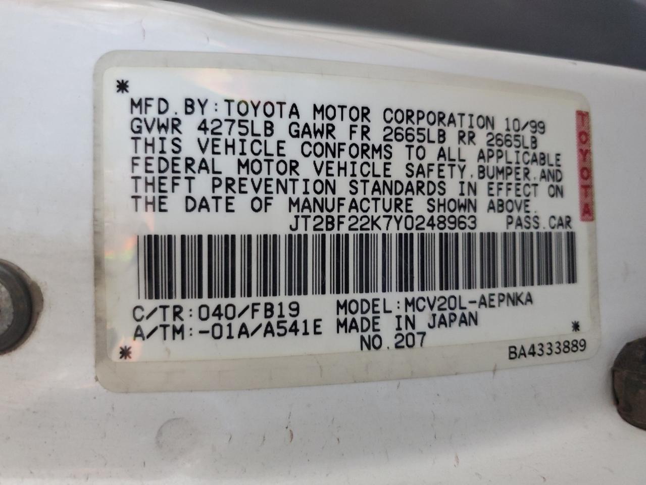 2000 Toyota Camry Ce VIN: JT2BF22K7Y0248963 Lot: 80353154