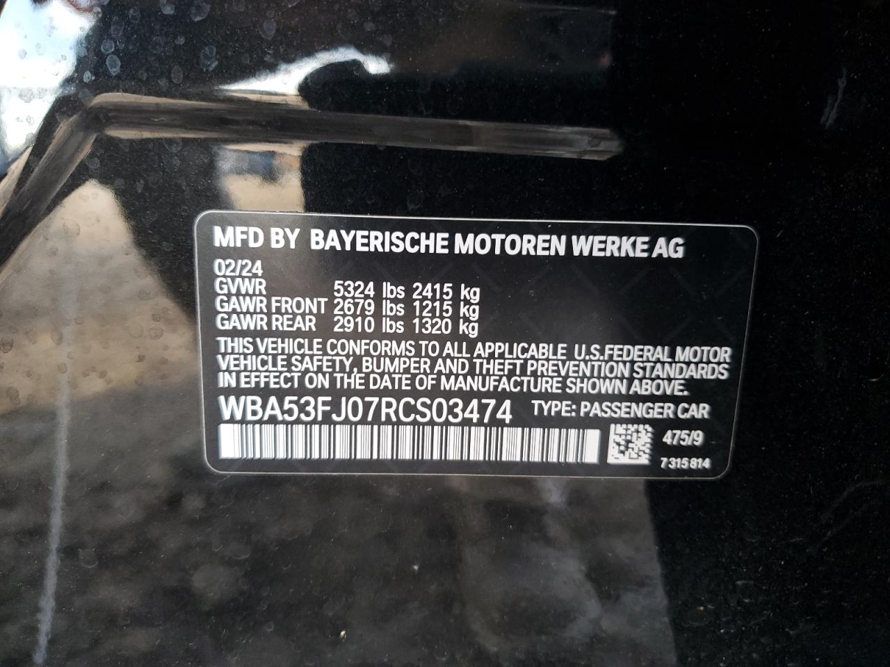 2024 BMW 530 Xi VIN: WBA53FJ07RCS03474 Lot: 80010744