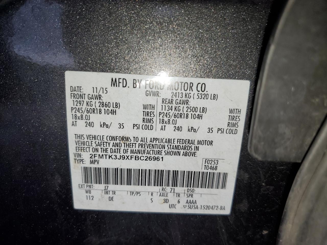 VIN 2FMTK3J9XFBC26961 2015 FORD EDGE no.13