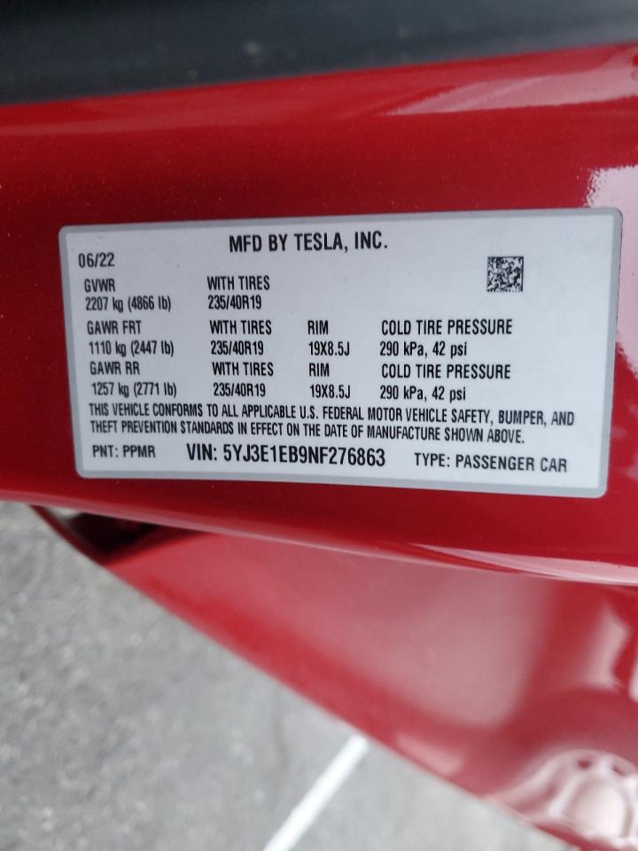 VIN 5YJ3E1EB9NF276863 2022 TESLA MODEL 3 no.13