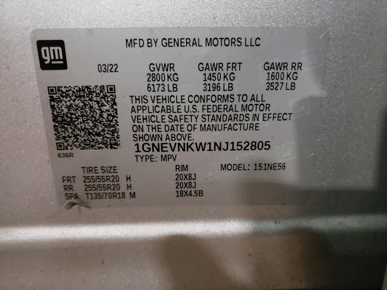 VIN 1GNEVNKW1NJ152805 2022 CHEVROLET TRAVERSE no.13