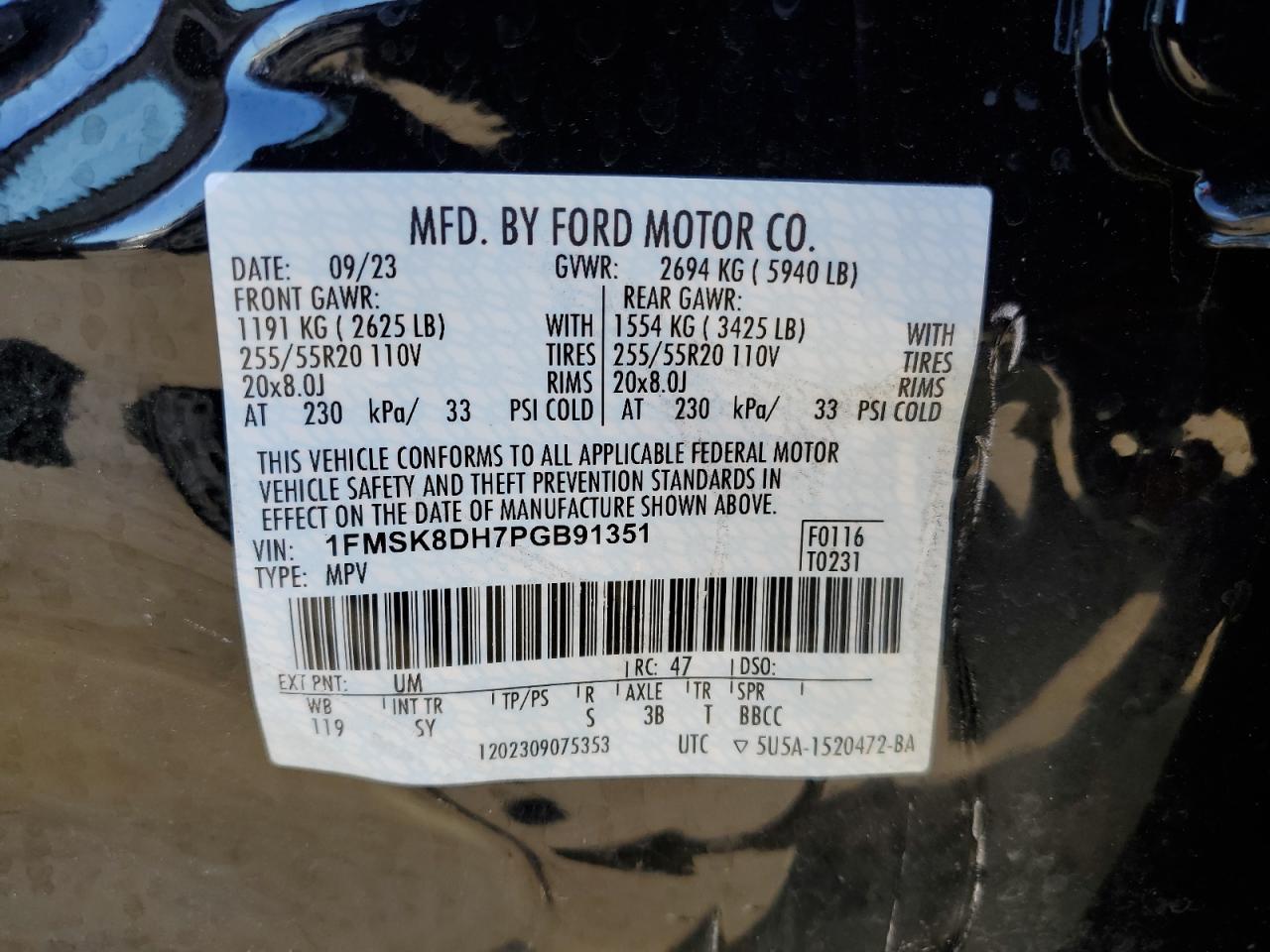 2023 Ford Explorer Xlt VIN: 1FMSK8DH7PGB91351 Lot: 79296694