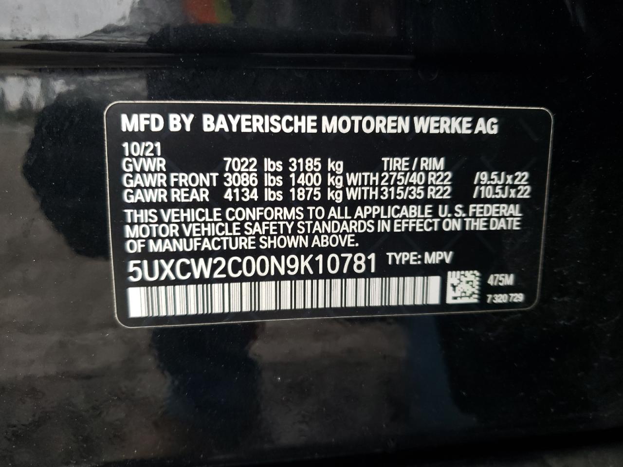 2022 BMW X7 xDrive40I VIN: 5UXCW2C00N9K10781 Lot: 81001224