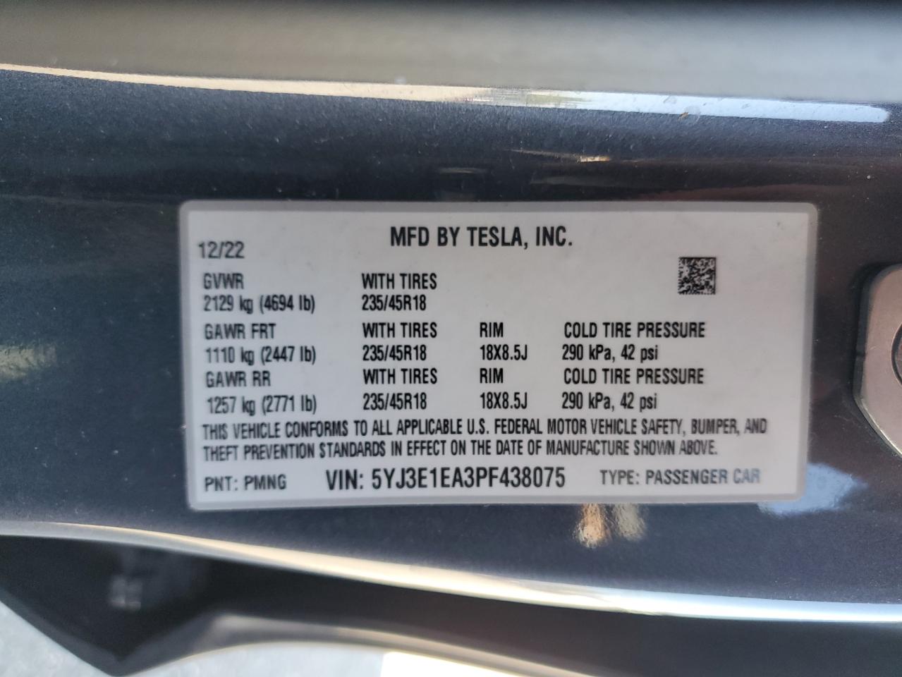 2023 Tesla Model 3 VIN: 5YJ3E1EA3PF438075 Lot: 80794754