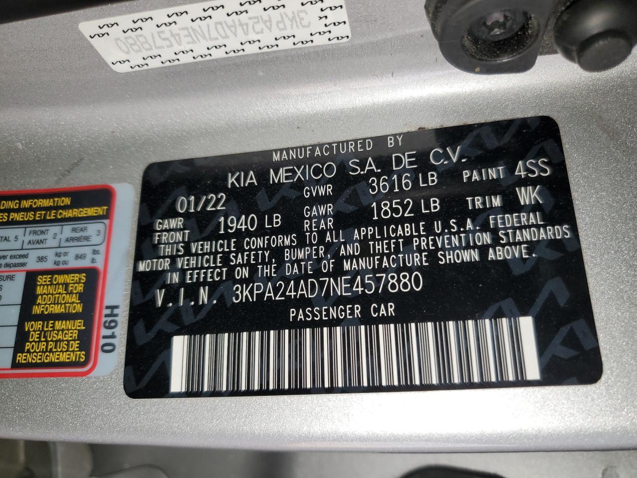 2022 Kia Rio Lx VIN: 3KPA24AD7NE457880 Lot: 80674744