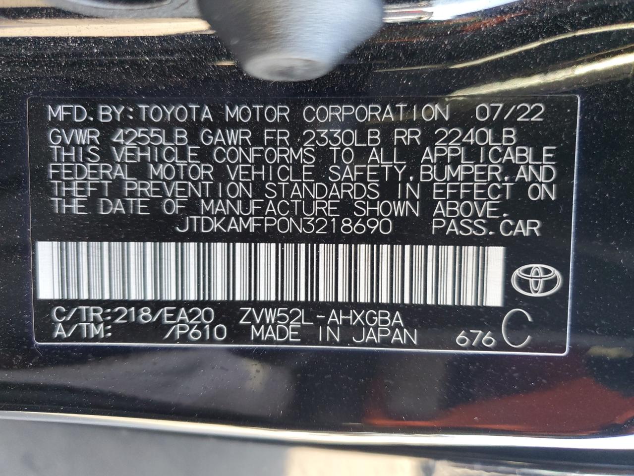 2022 Toyota Prius Prime Le VIN: JTDKAMFP0N3218690 Lot: 81522124