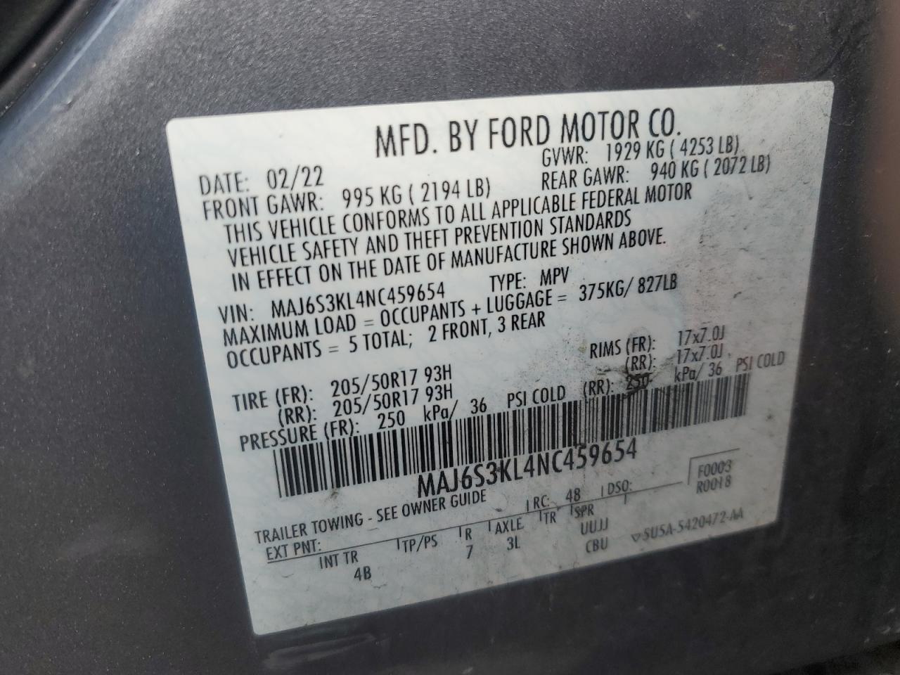 2022 Ford Ecosport Titanium VIN: MAJ6S3KL4NC459654 Lot: 81497274