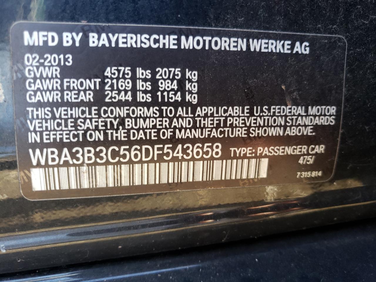 2013 BMW 328 Xi VIN: WBA3B3C56DF543658 Lot: 79835064