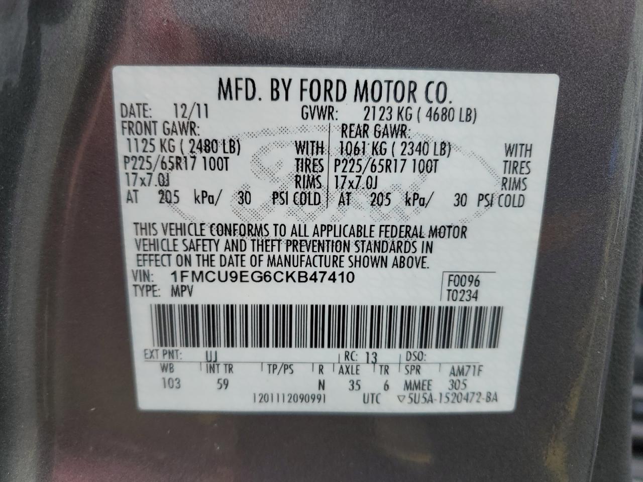 2012 Ford Escape Limited VIN: 1FMCU9EG6CKB47410 Lot: 81263094