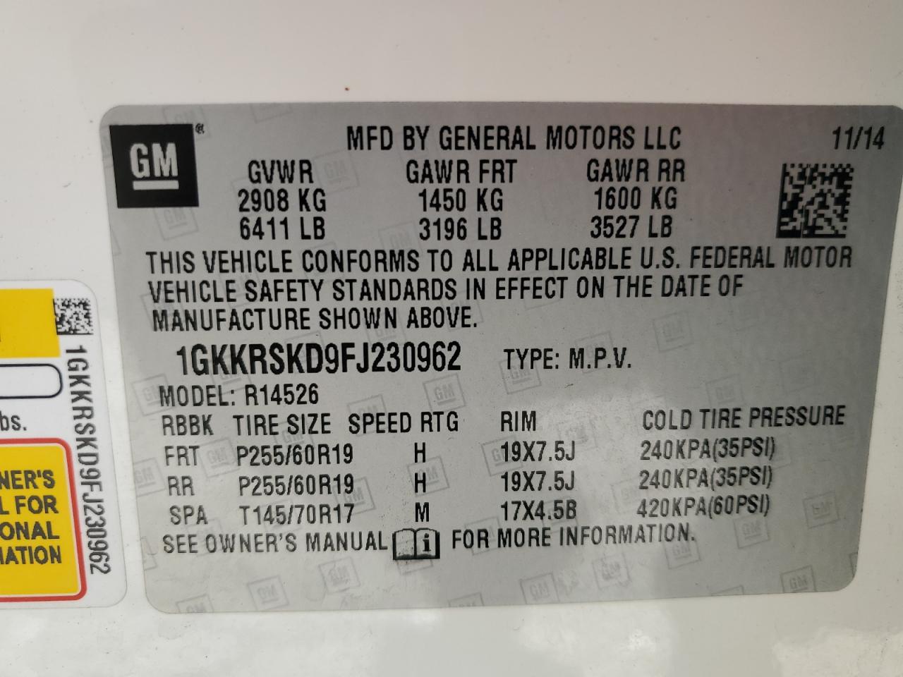 2015 GMC Acadia Slt-2 VIN: 1GKKRSKD9FJ230962 Lot: 81056514