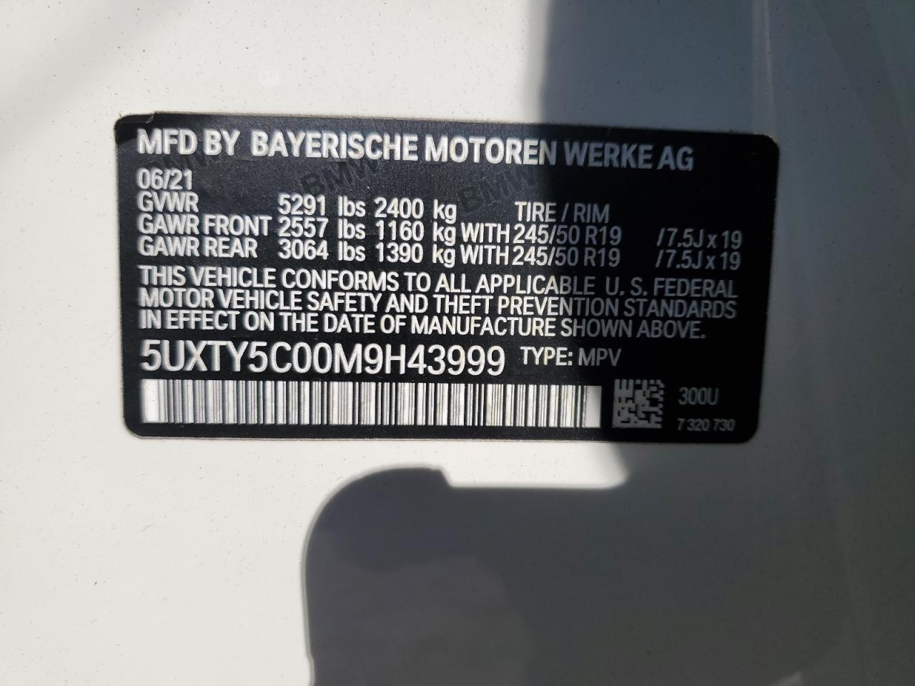 2021 BMW X3 xDrive30I VIN: 5UXTY5C00M9H43999 Lot: 80559854