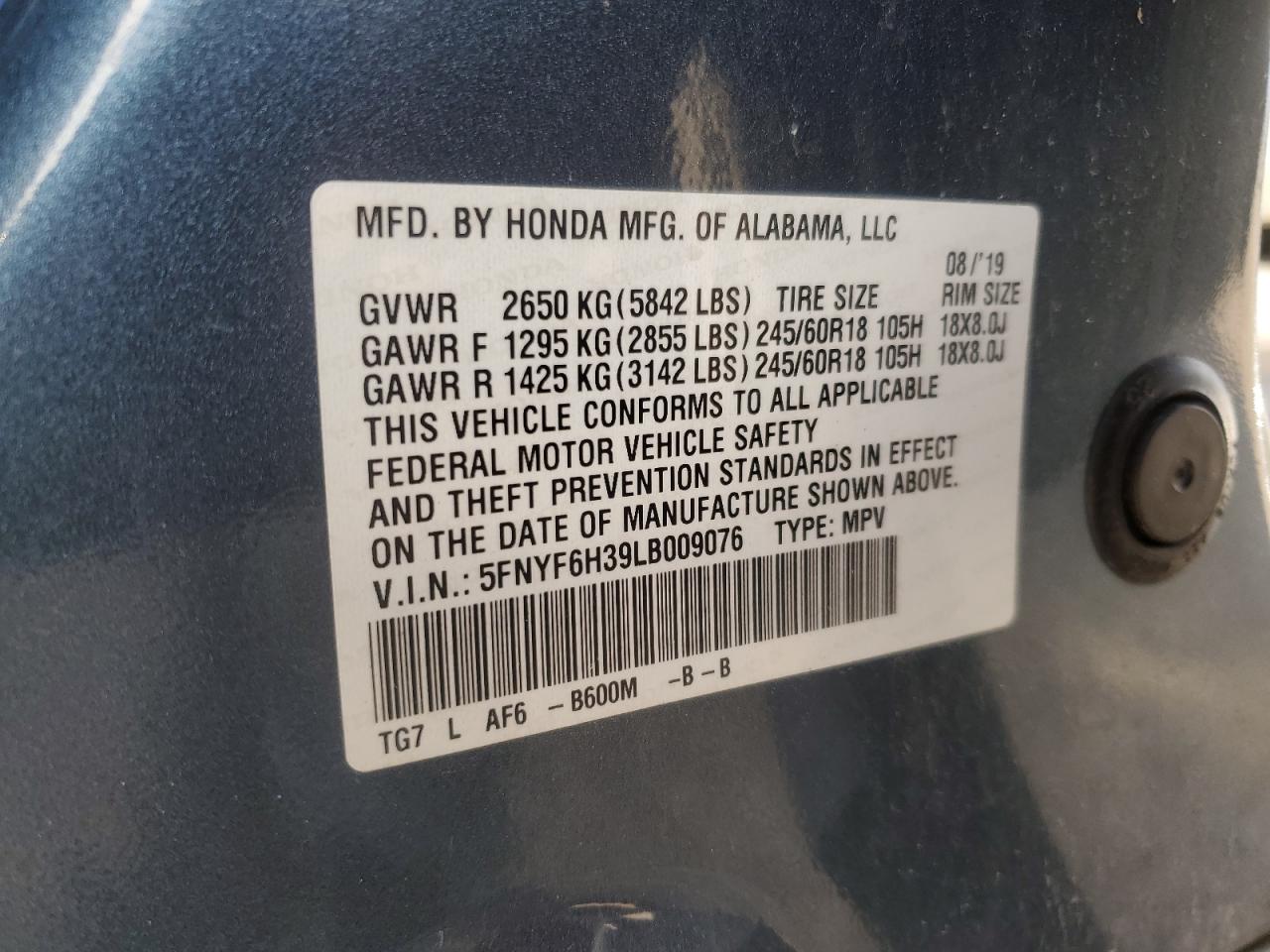 2020 Honda Pilot Ex VIN: 5FNYF6H39LB009076 Lot: 80230484