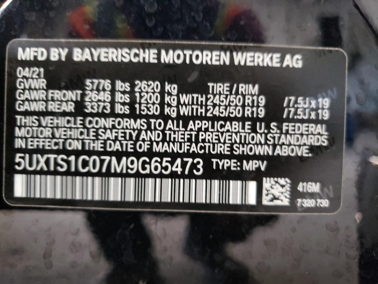 2021 BMW X3 xDrive30E VIN: 5UXTS1C07M9G65473 Lot: 80046874