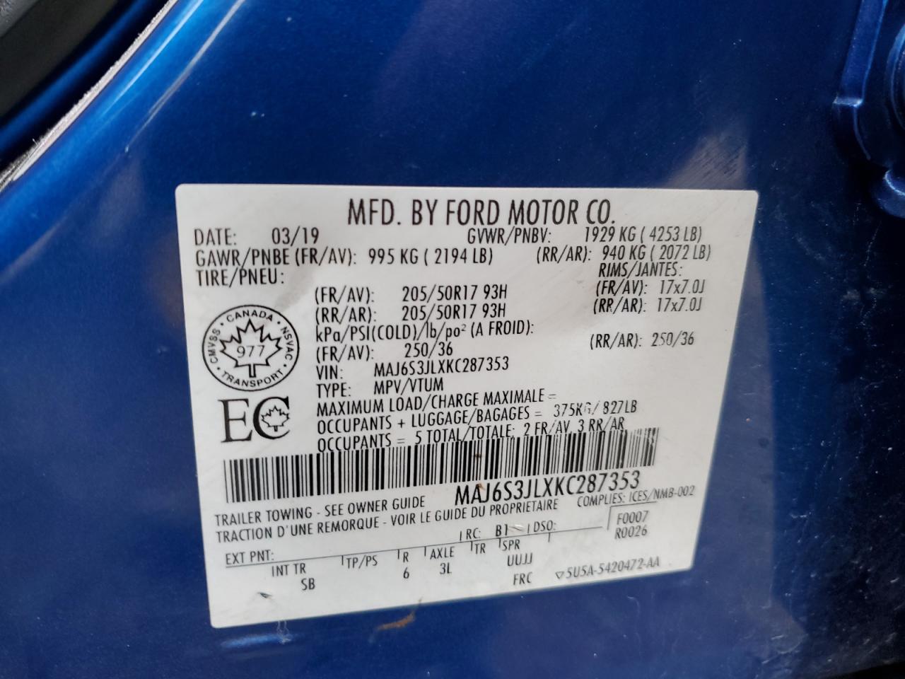 2019 Ford Ecosport Ses VIN: MAJ6S3JLXKC287353 Lot: 81336204