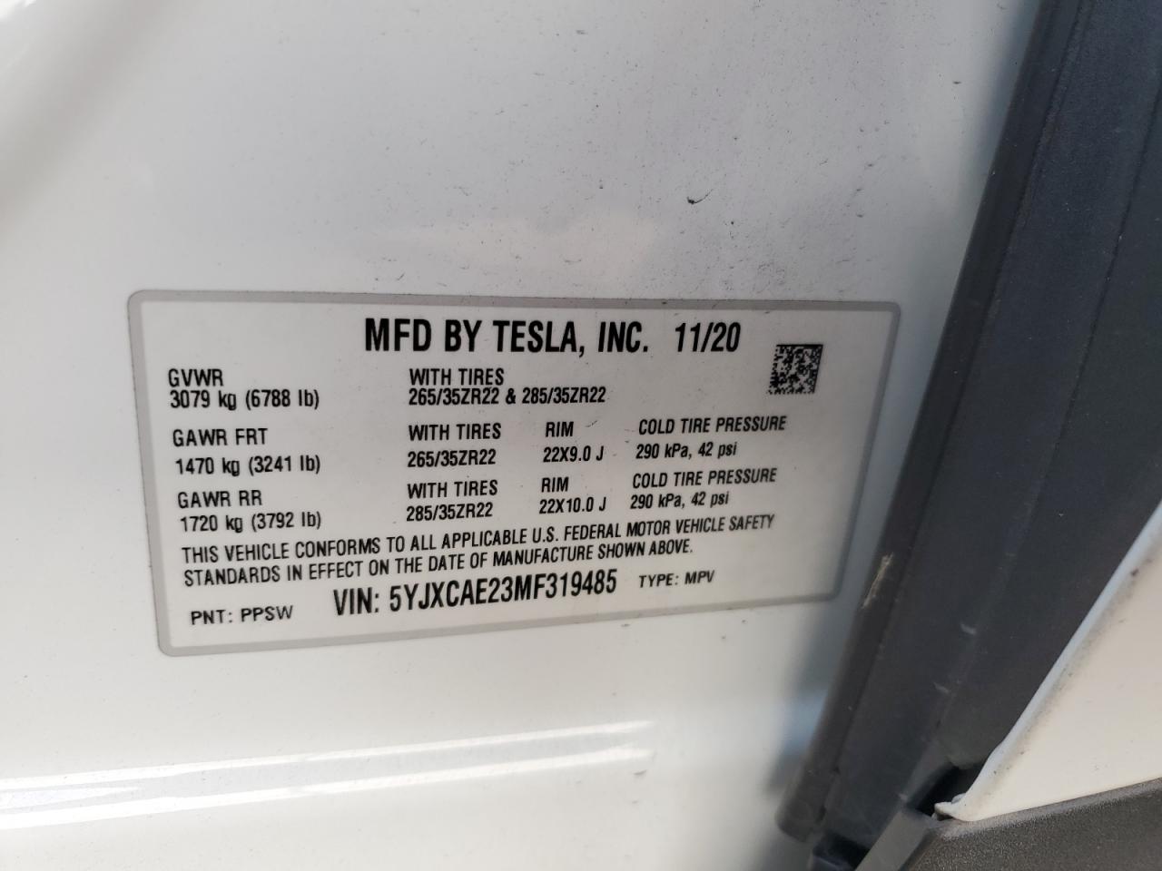 2021 Tesla Model X VIN: 5YJXCAE23MF319485 Lot: 79338584