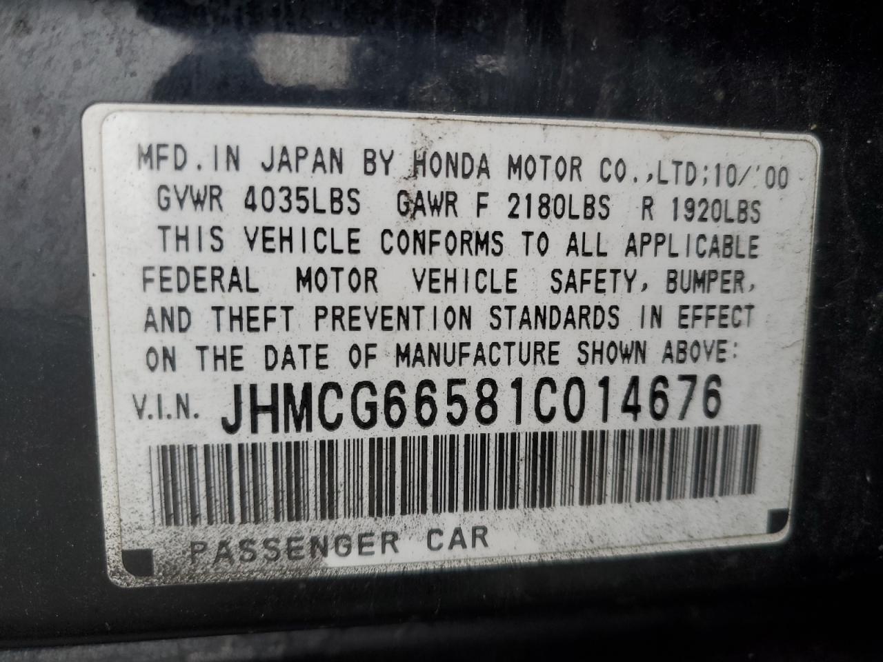 2001 Honda Accord Lx VIN: JHMCG66581C014676 Lot: 81204334