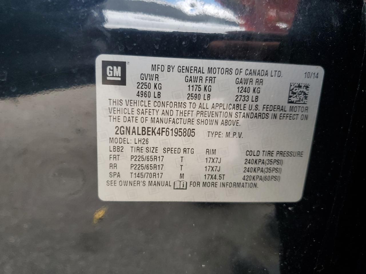 VIN 2GNALBEK4F6195805 2015 CHEVROLET EQUINOX no.13