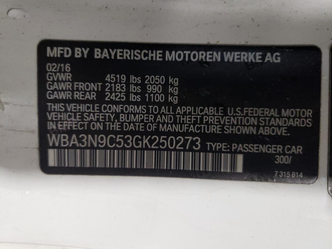 VIN WBA3N9C53GK250273 2016 BMW 4 SERIES no.12