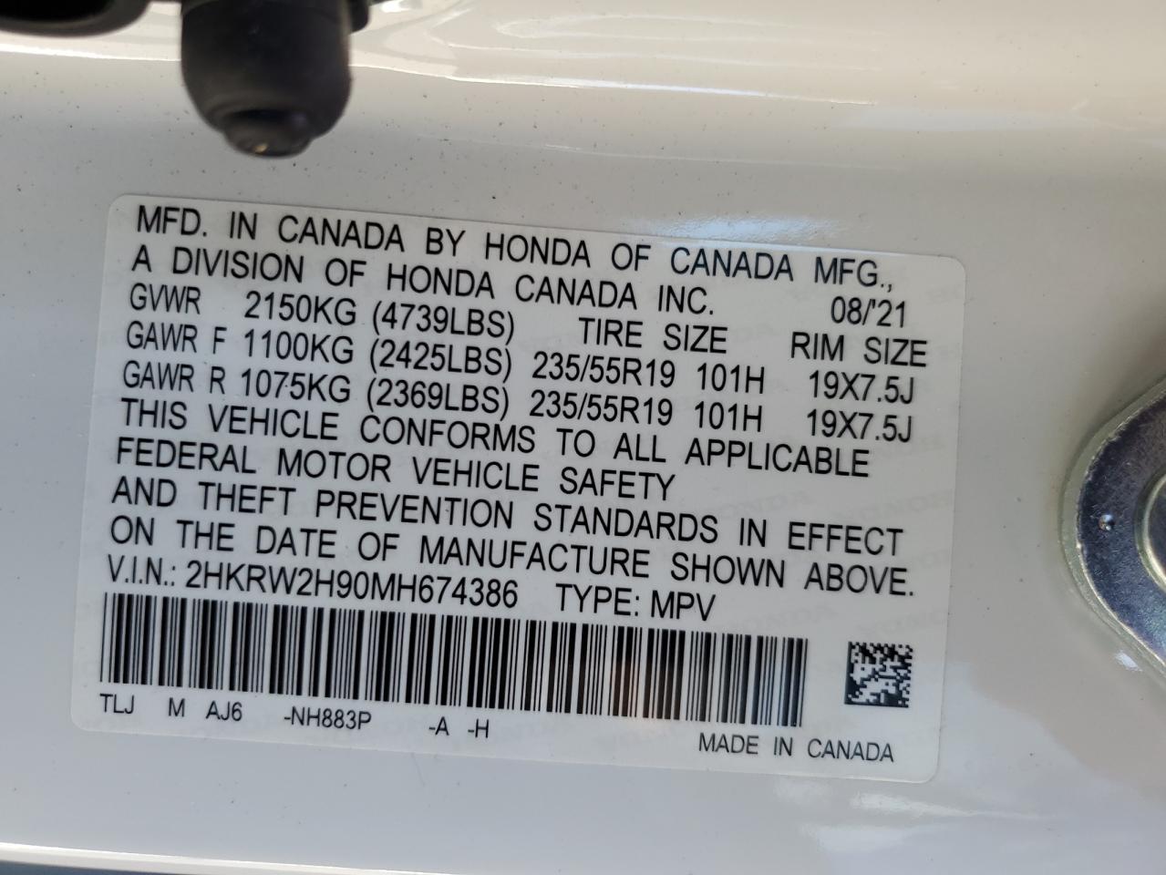 2021 Honda Cr-V Touring VIN: 2HKRW2H90MH674386 Lot: 79735404