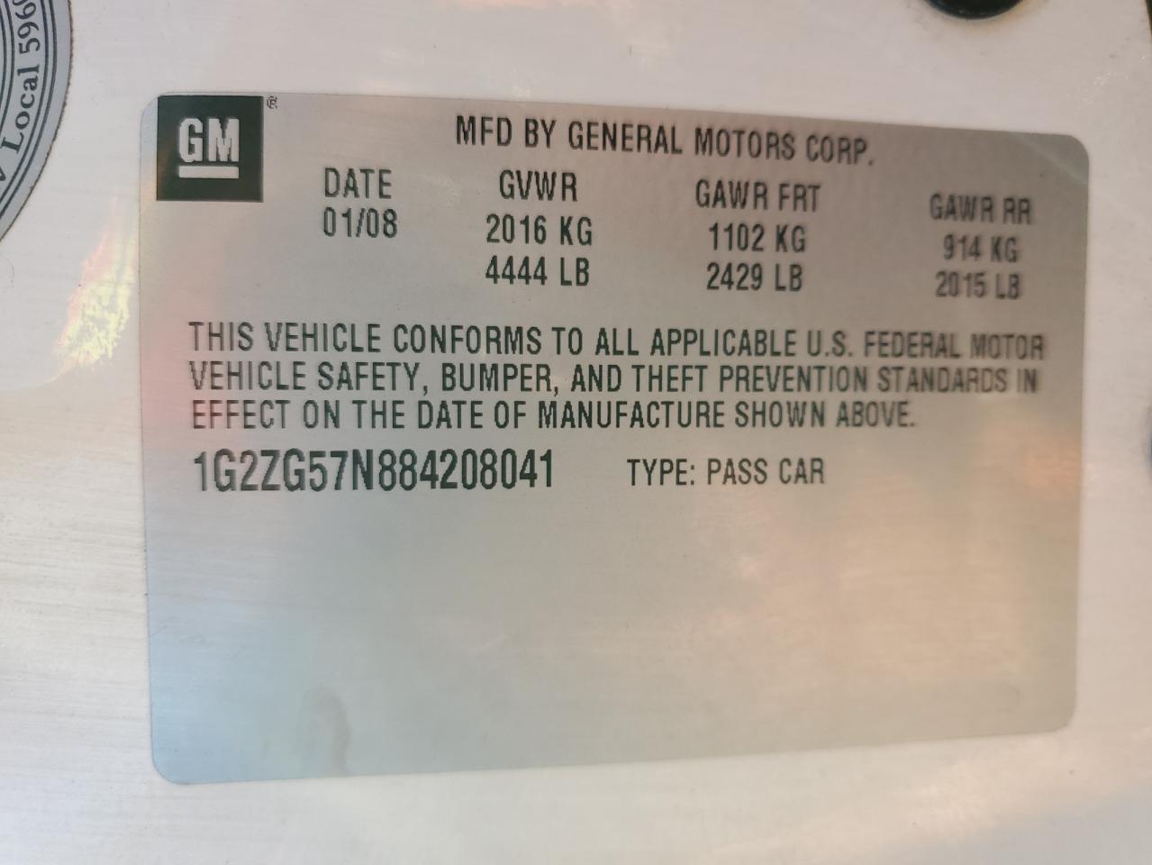 2008 Pontiac G6 Base VIN: 1G2ZG57N884208041 Lot: 80716564