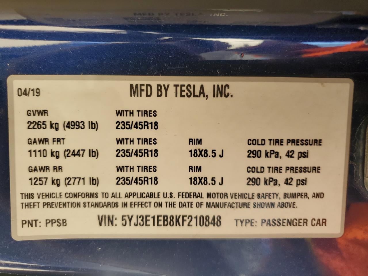 VIN 5YJ3E1EB8KF210848 2019 TESLA MODEL 3 no.13