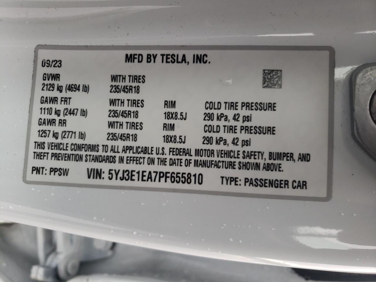 2023 Tesla Model 3 VIN: 5YJ3E1EA7PF655810 Lot: 81405314