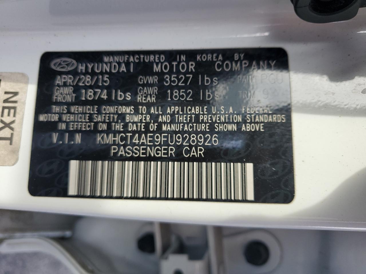 VIN KMHCT4AE9FU928926 2015 HYUNDAI ACCENT no.12