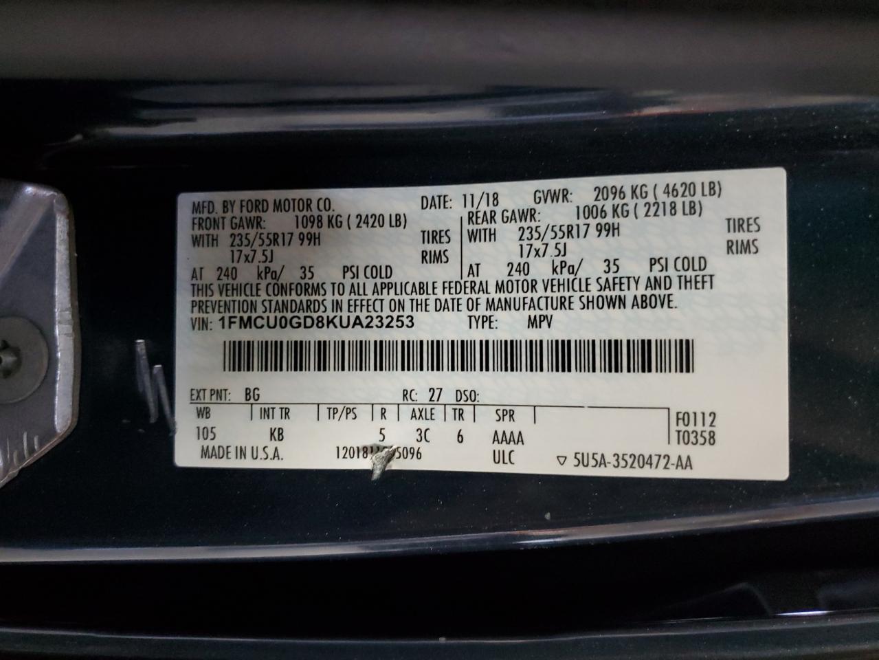 VIN 1FMCU0GD8KUA23253 2019 FORD ESCAPE no.13