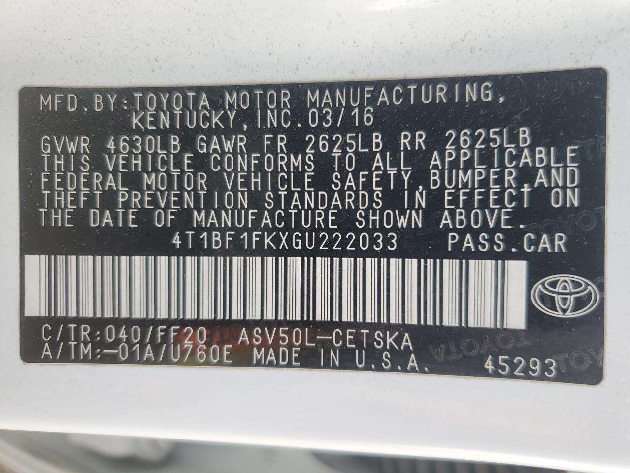 VIN 4T1BF1FKXGU222033 2016 TOYOTA CAMRY no.12