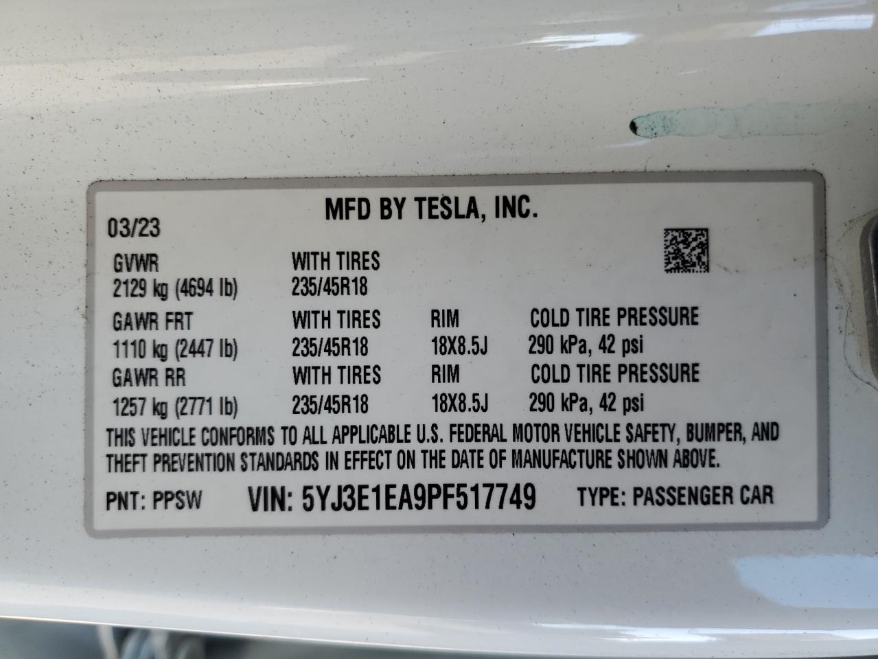 VIN 5YJ3E1EA9PF517749 2023 TESLA MODEL 3 no.13