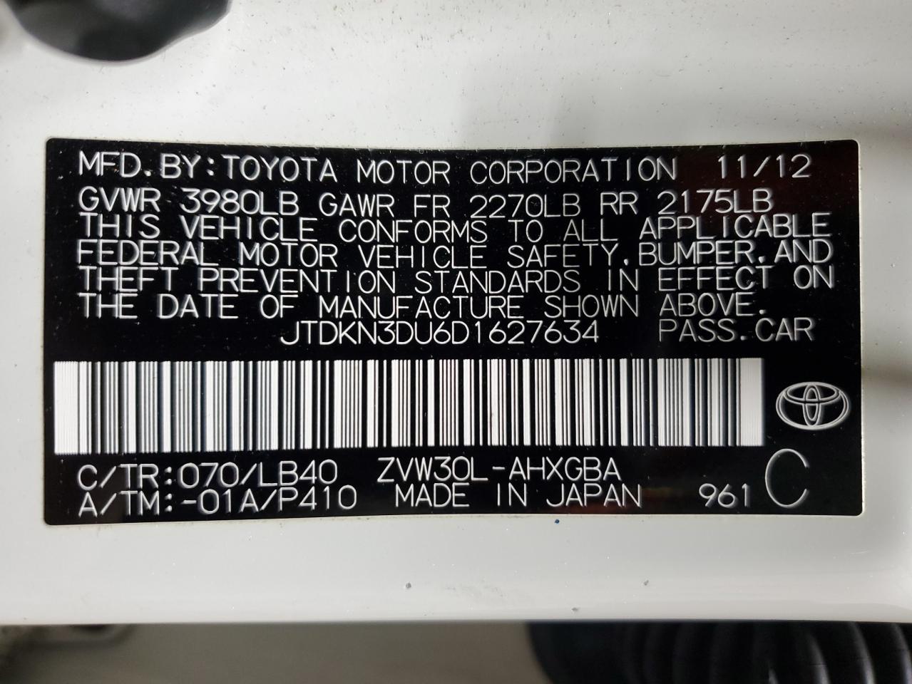 2013 Toyota Prius VIN: JTDKN3DU6D1627634 Lot: 79814124