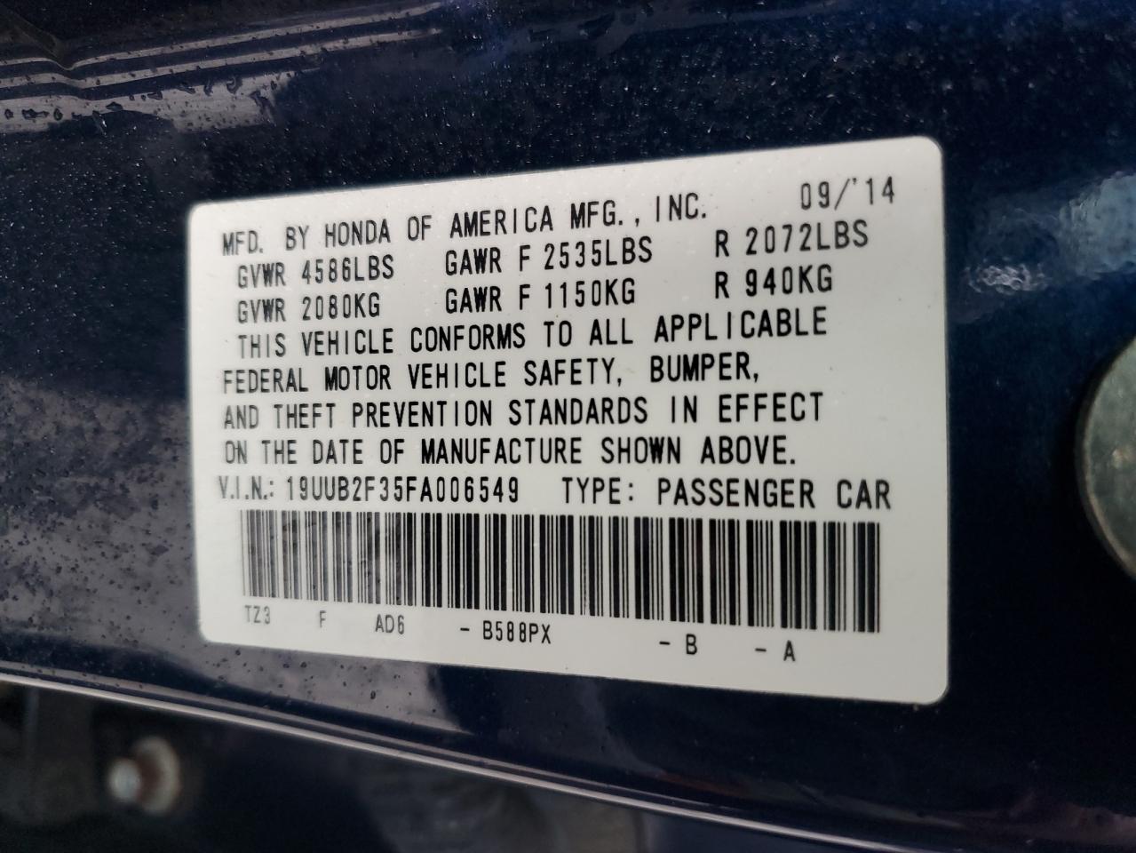 VIN 19UUB2F35FA006549 2015 ACURA TLX no.12