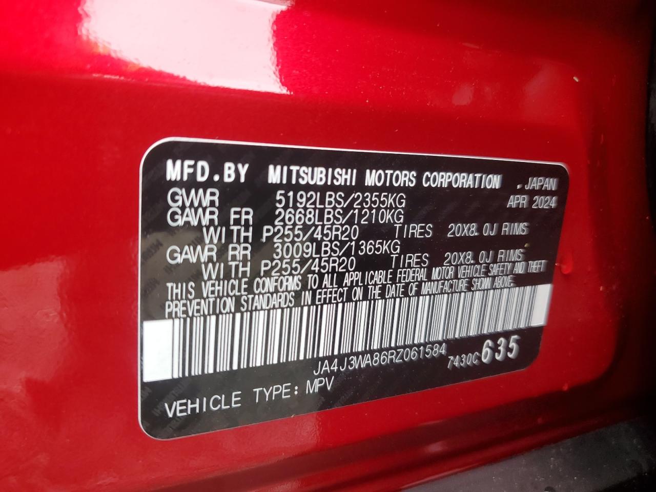 2024 Mitsubishi Outlander Sel VIN: JA4J3WA86RZ061584 Lot: 79608014