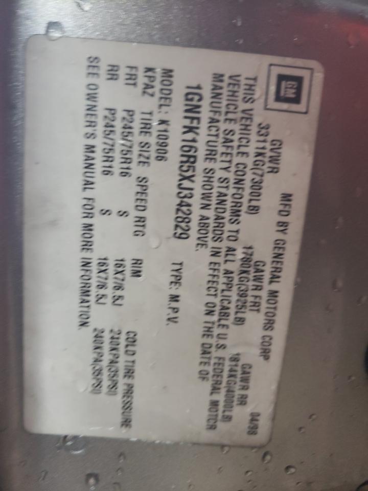 1999 Chevrolet Suburban K1500 VIN: 1GNFK16R5XJ342829 Lot: 81131284