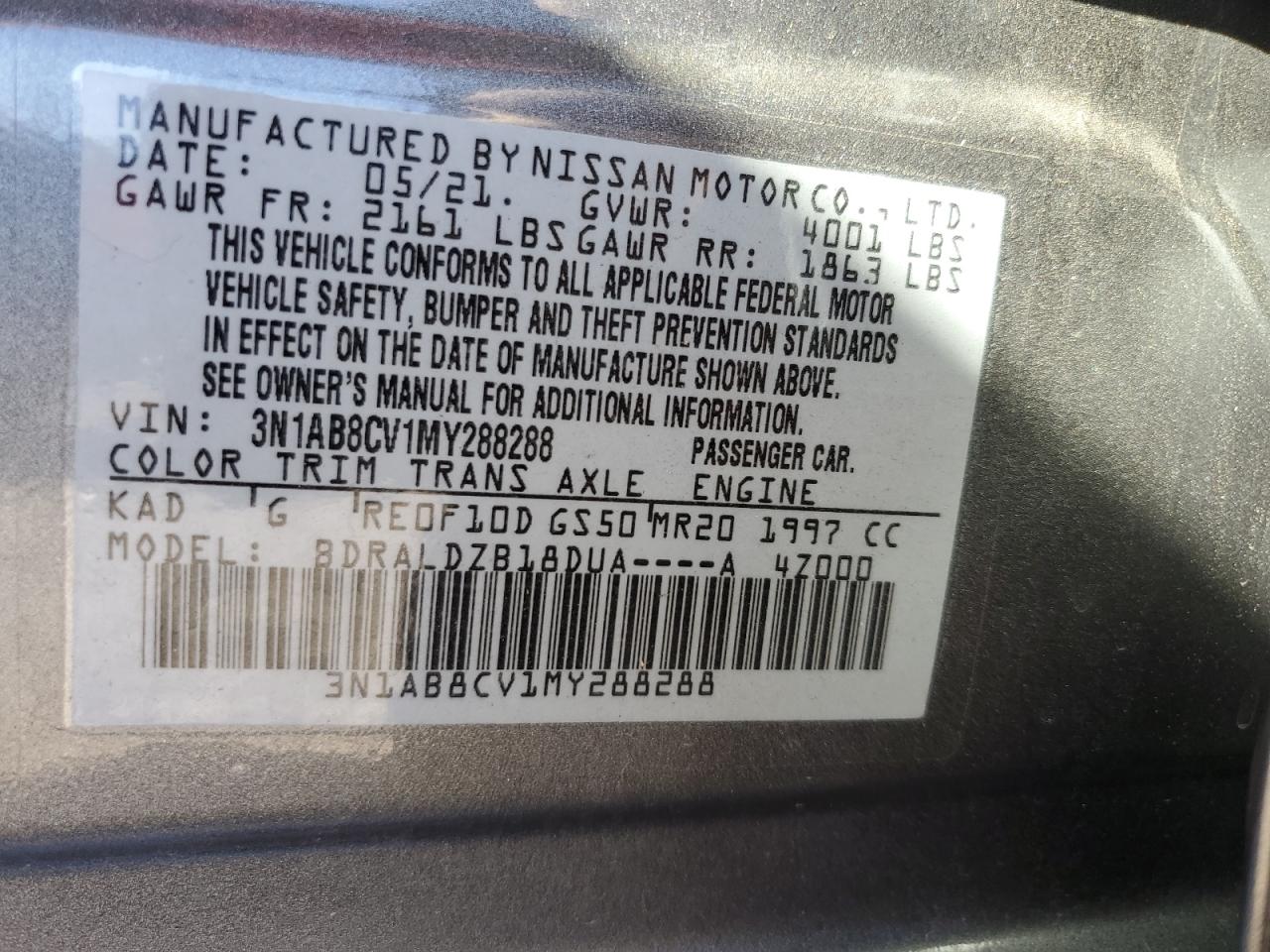 2021 Nissan Sentra Sv VIN: 3N1AB8CV1MY288288 Lot: 79147934