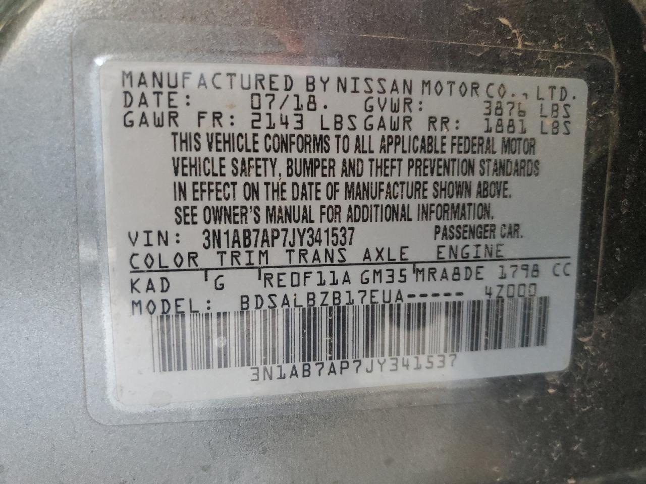 VIN 3N1AB7AP7JY341537 2018 NISSAN SENTRA no.13