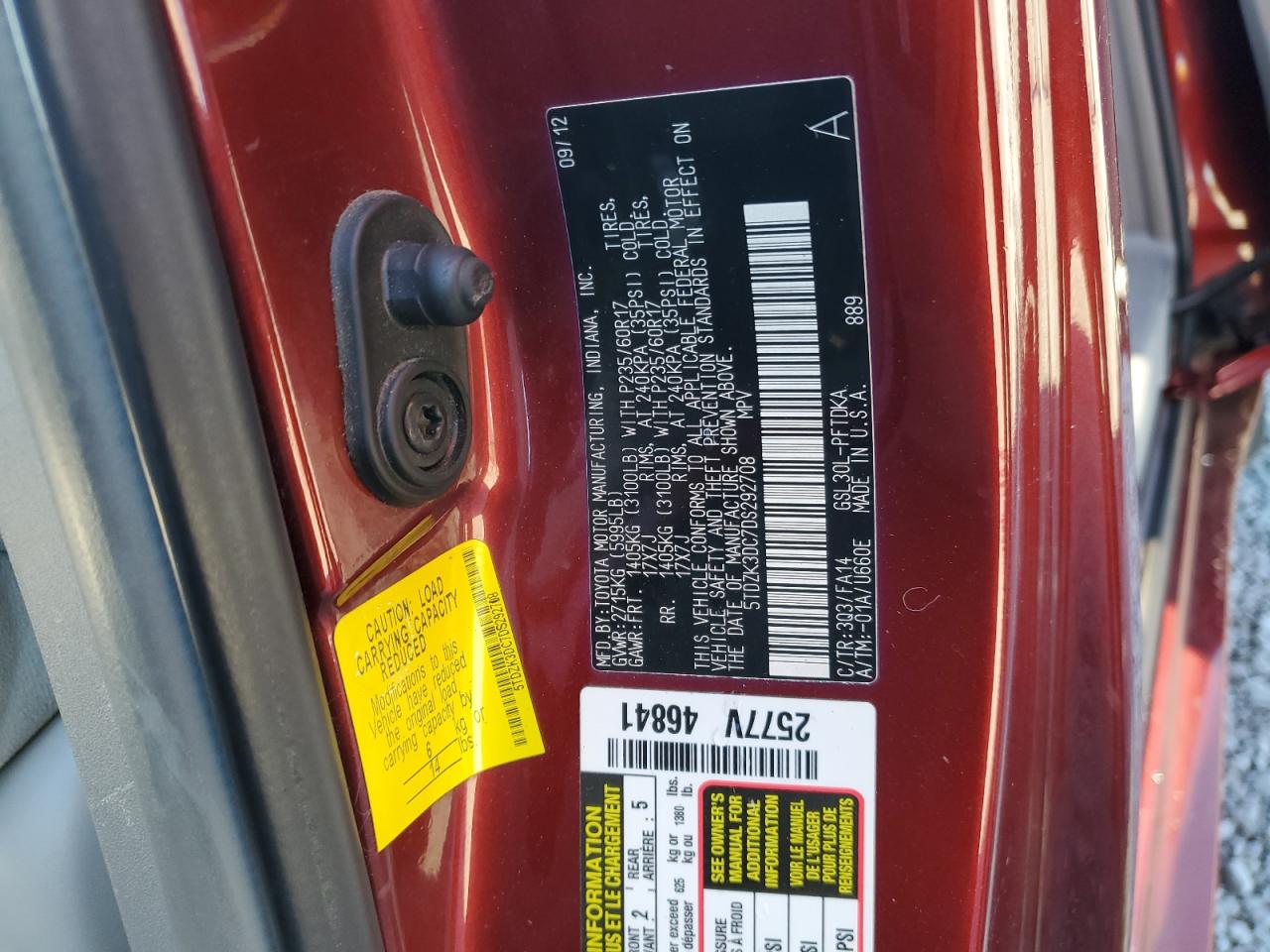 VIN 5TDZK3DC7DS292708 2013 TOYOTA All Models no.13