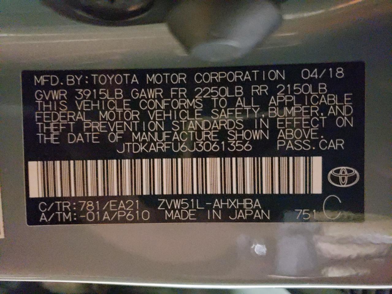 VIN JTDKARFU6J3061356 2018 TOYOTA PRIUS no.12