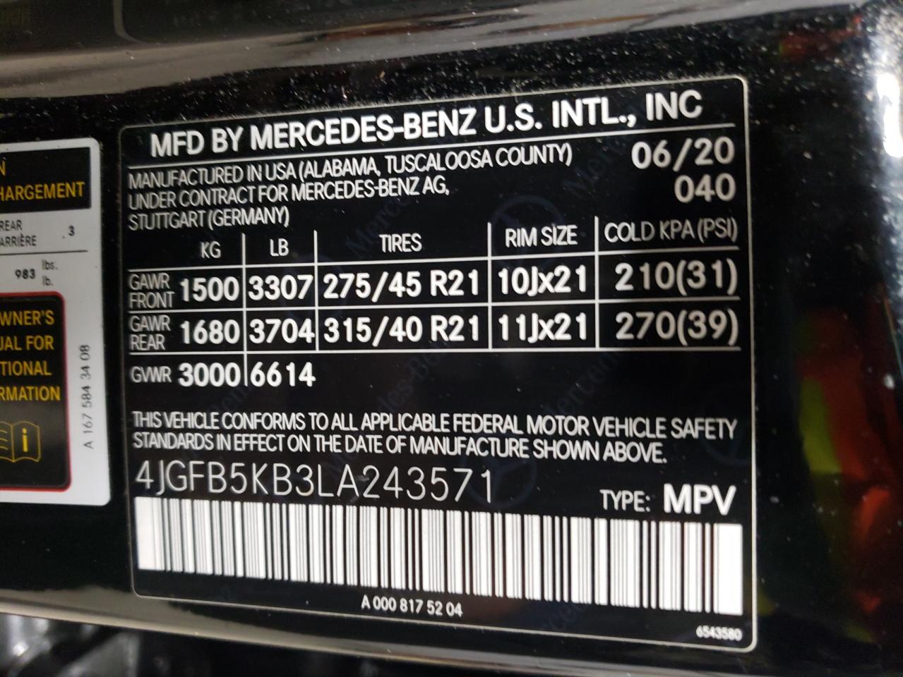 2020 Mercedes-Benz Gle 450 4Matic VIN: 4JGFB5KB3LA243571 Lot: 81510334