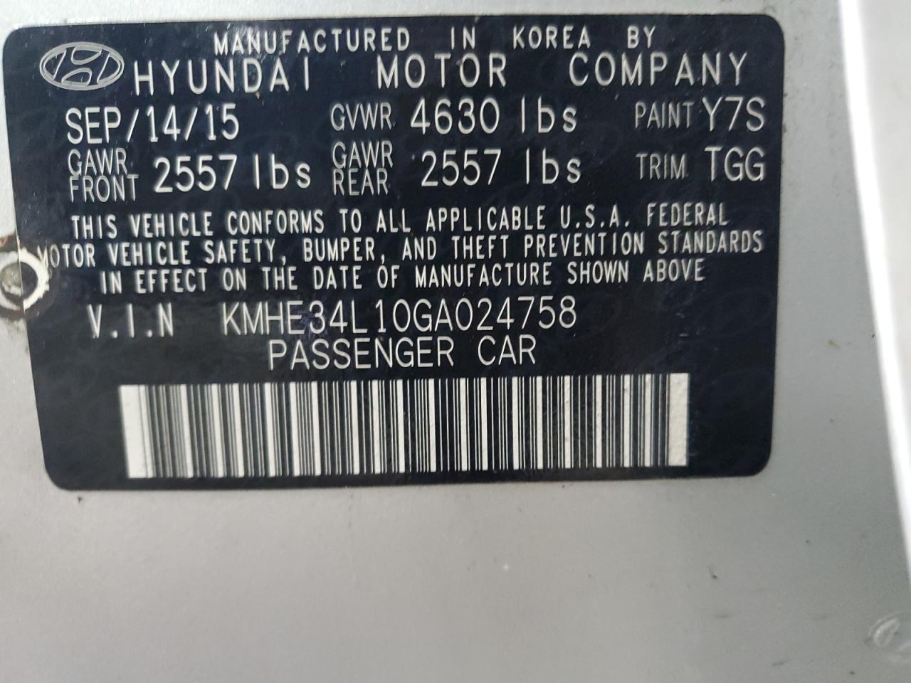 2016 Hyundai Sonata Hybrid VIN: KMHE34L10GA024758 Lot: 79115124