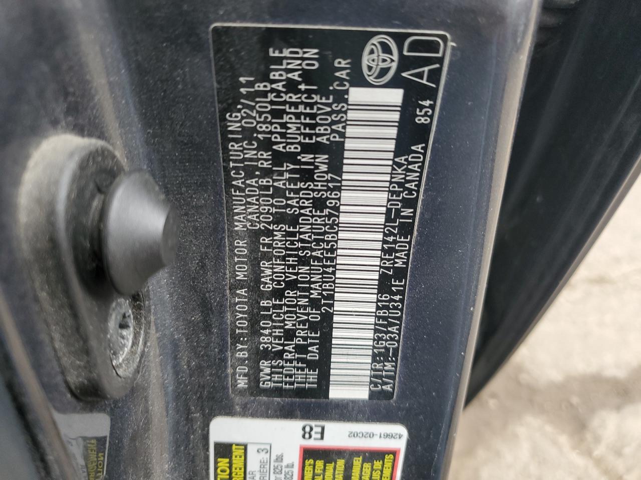 2011 Toyota Corolla Base VIN: 2T1BU4EE5BC579617 Lot: 79823894