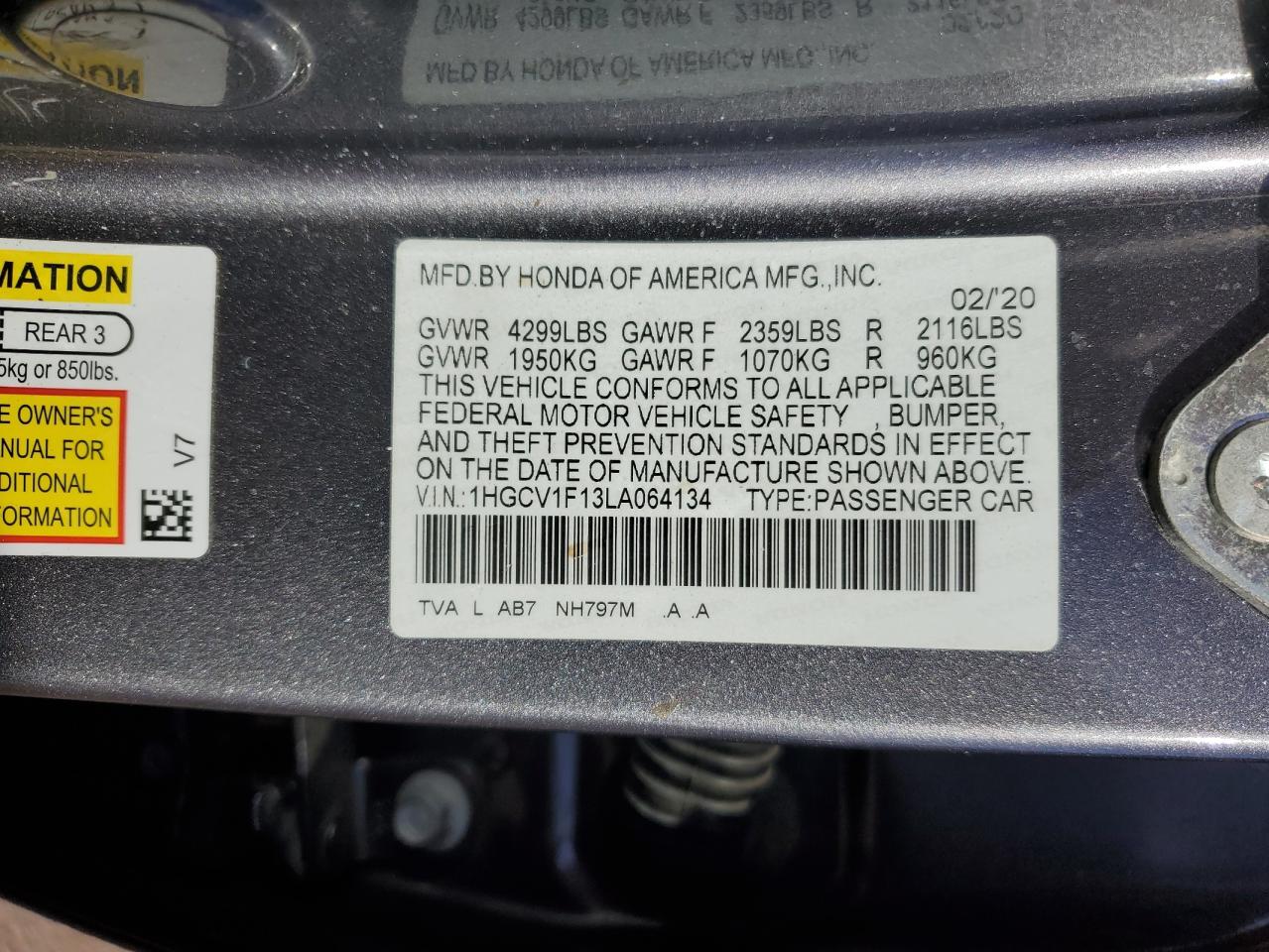 2020 Honda Accord Lx VIN: 1HGCV1F13LA064134 Lot: 79328674