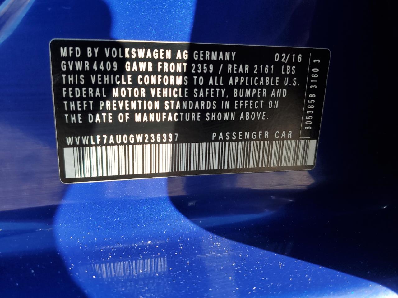 2016 Volkswagen Golf R VIN: WVWLF7AU0GW236337 Lot: 81797994