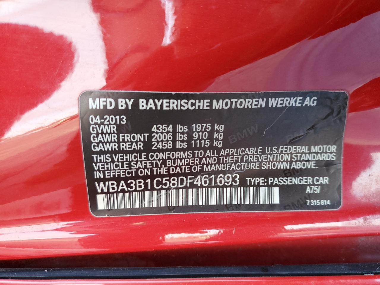 VIN WBA3B1C58DF461693 2013 BMW 3 SERIES no.12