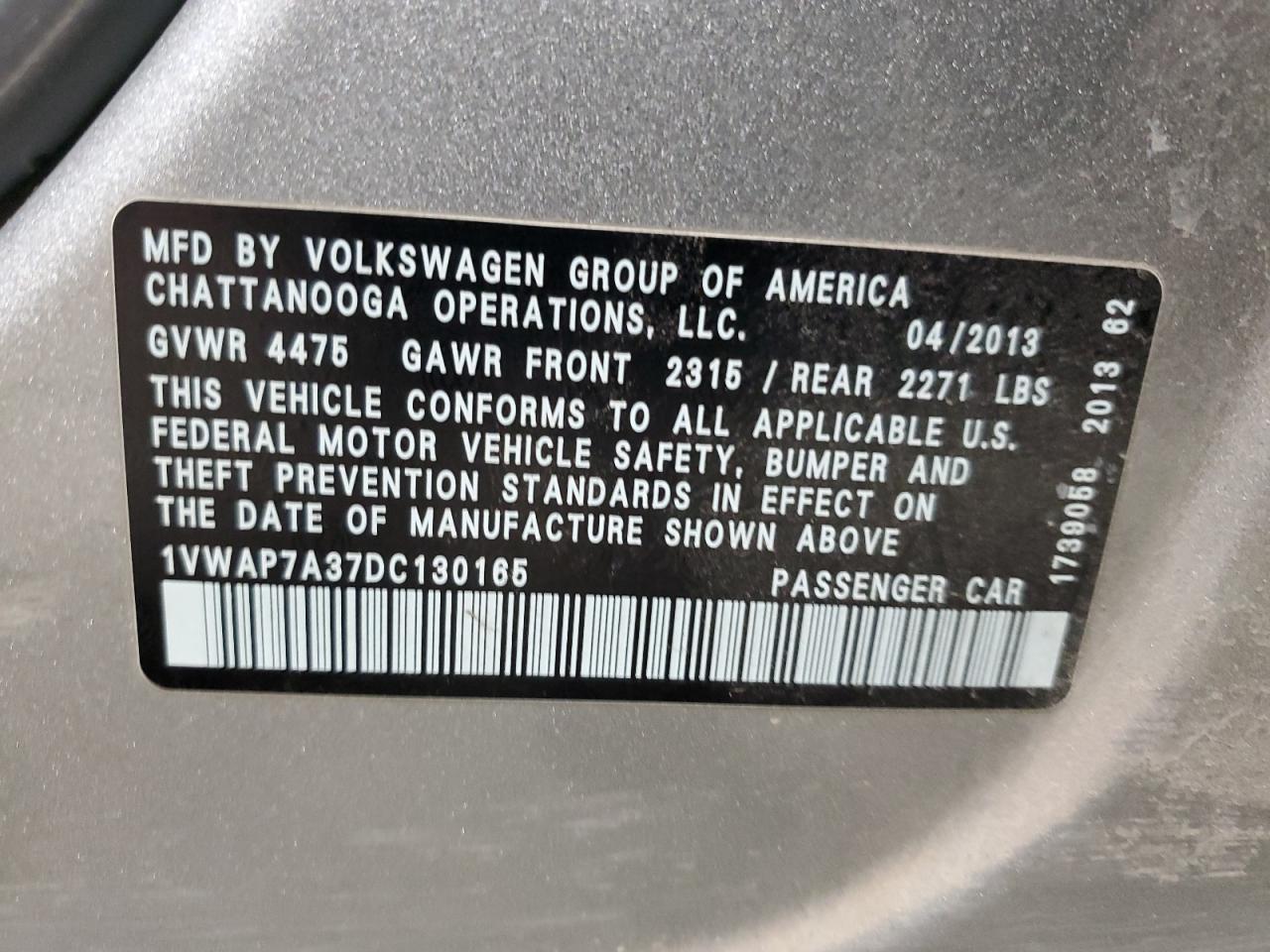 2013 Volkswagen Passat S VIN: 1VWAP7A37DC130165 Lot: 80546784