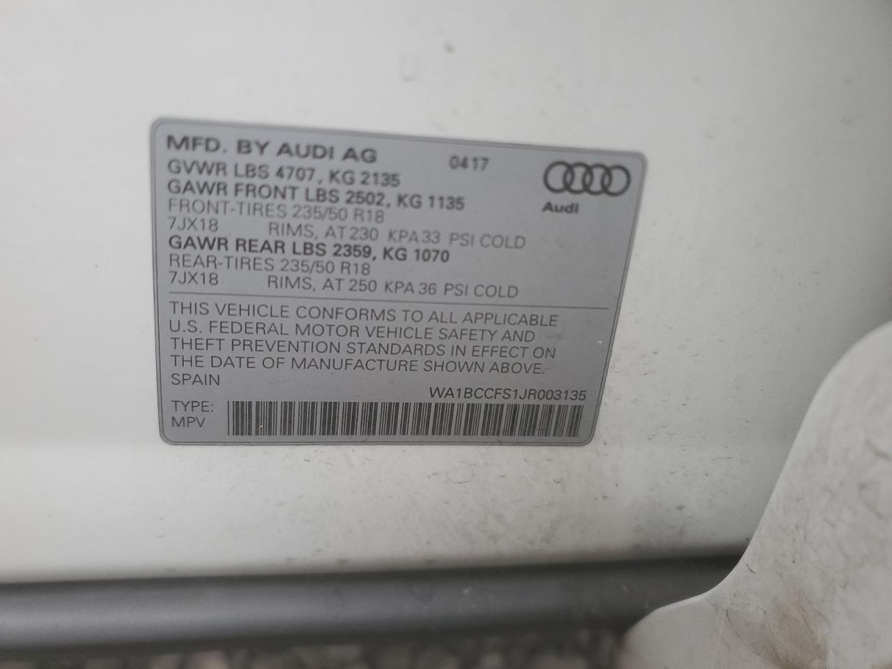 VIN WA1BCCFS1JR003135 2018 AUDI Q3 no.14