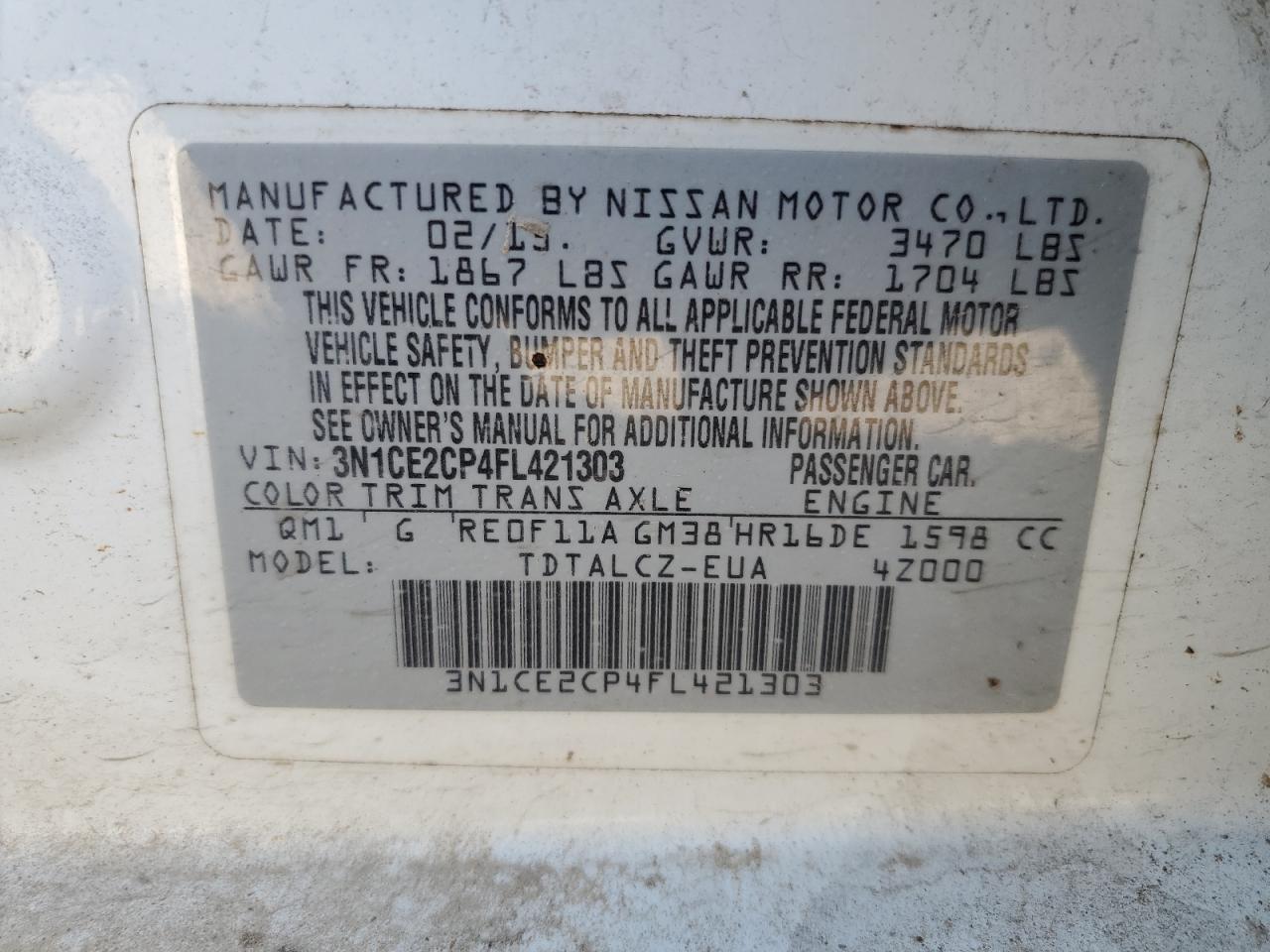 2015 Nissan Versa Note S VIN: 3N1CE2CP4FL421303 Lot: 80574694