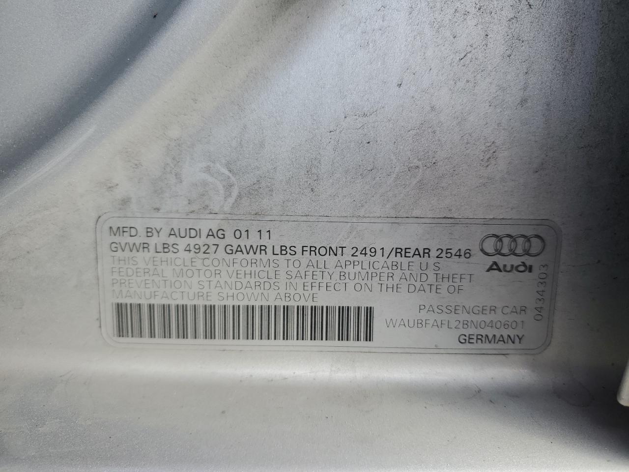 2011 Audi A4 Premium VIN: WAUBFAFL2BN040601 Lot: 81089304