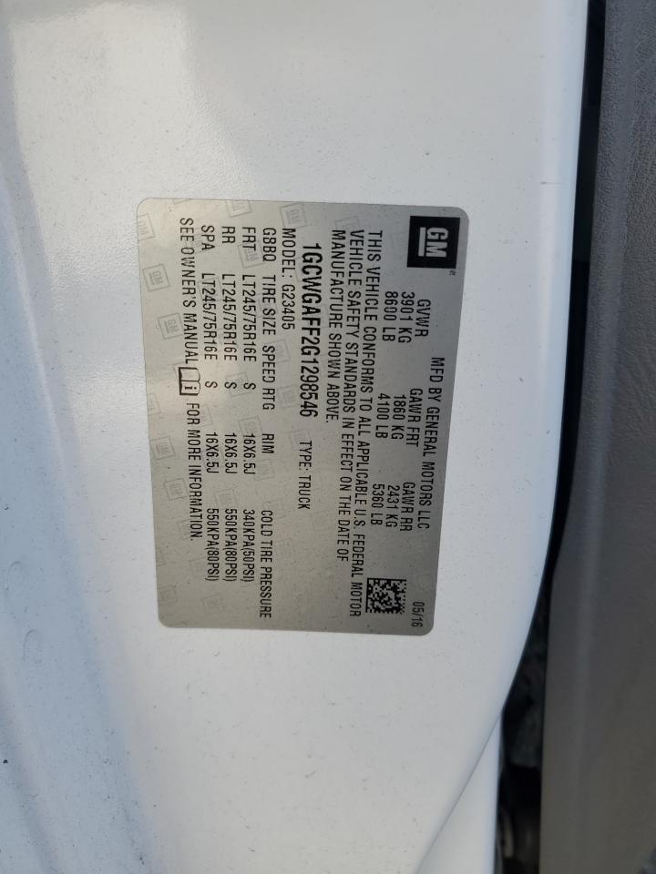 2016 Chevrolet Express G2500 VIN: 1GCWGAFF2G1298546 Lot: 80456854