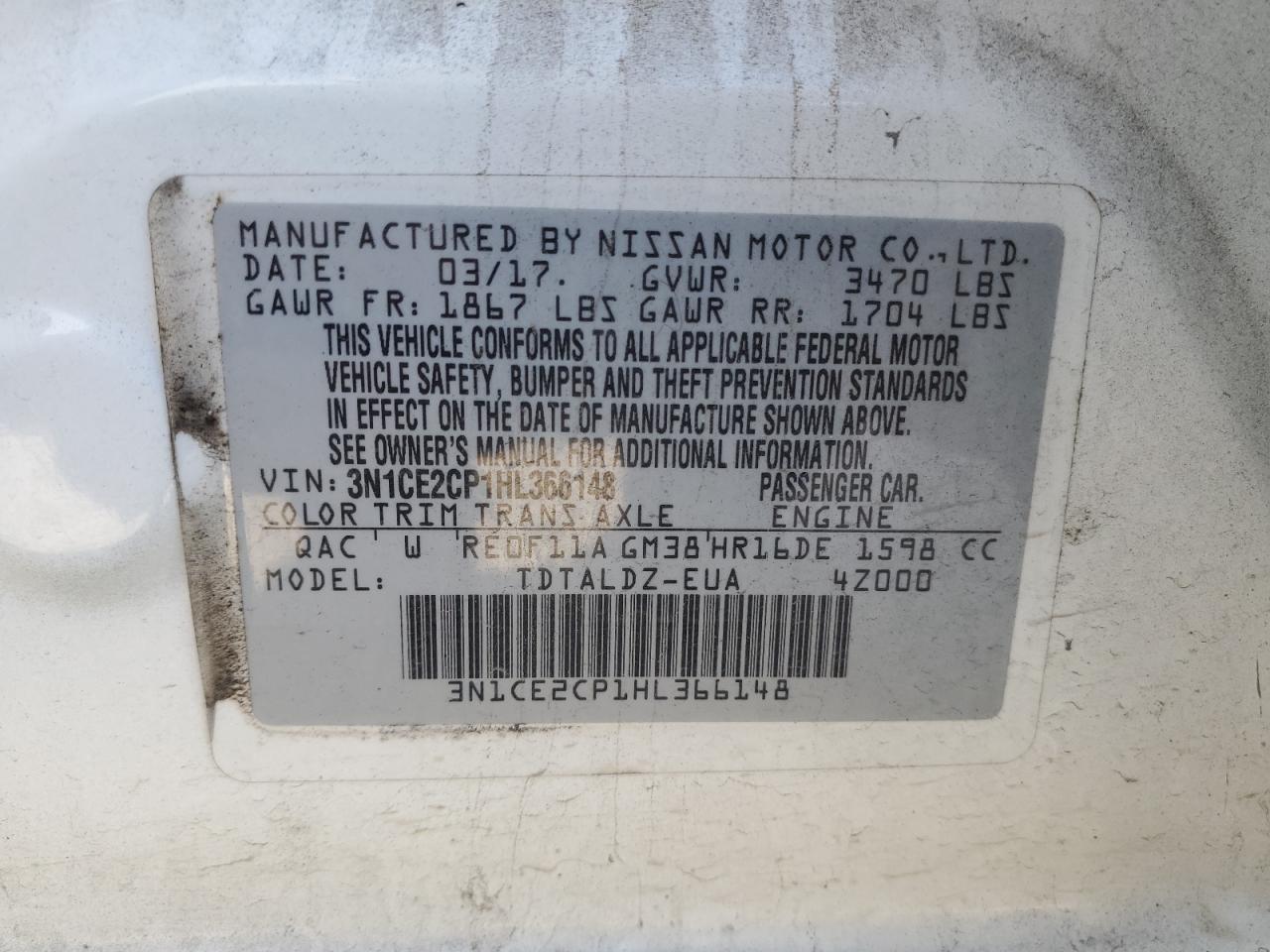 VIN 3N1CE2CP1HL366148 2017 NISSAN VERSA no.12